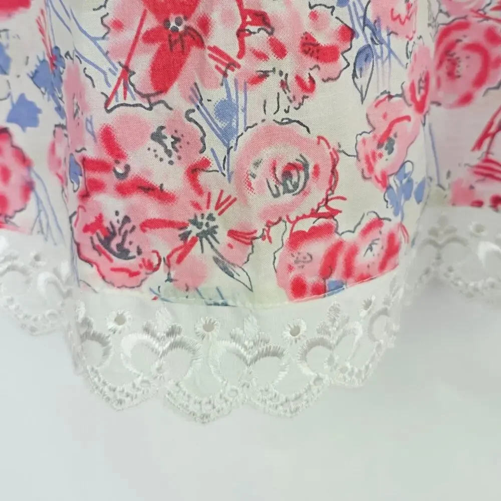 Floral A-Line Skirt Medium White Pink Blue Lace Trim Cottagecore Coquette Girly